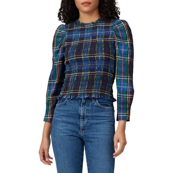 TANYA TAYLOR Blue Green Plaid Smocked Keyhole Back Long Sleeve Crop Top Size S - Picture 1 of 8